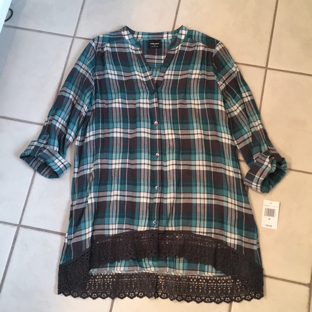 Long Plaid Shirt - Buttons and Detailed Trim